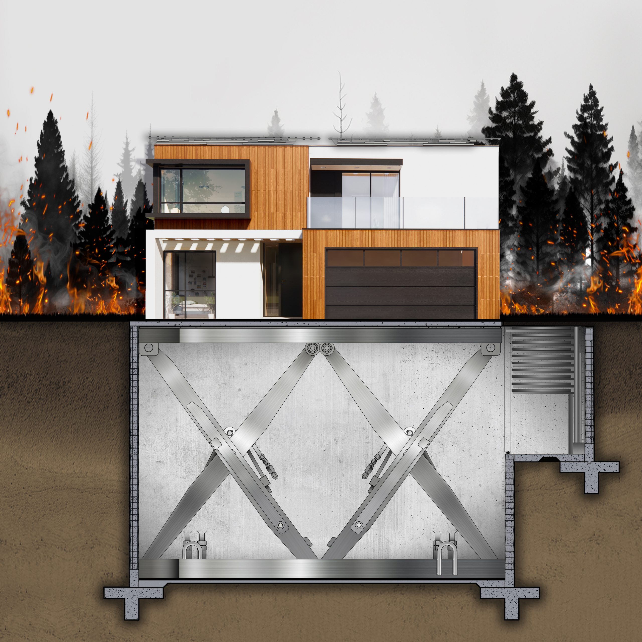 HiberTec Home cross-section showing underground lowering mechanism with hydraulic lift system