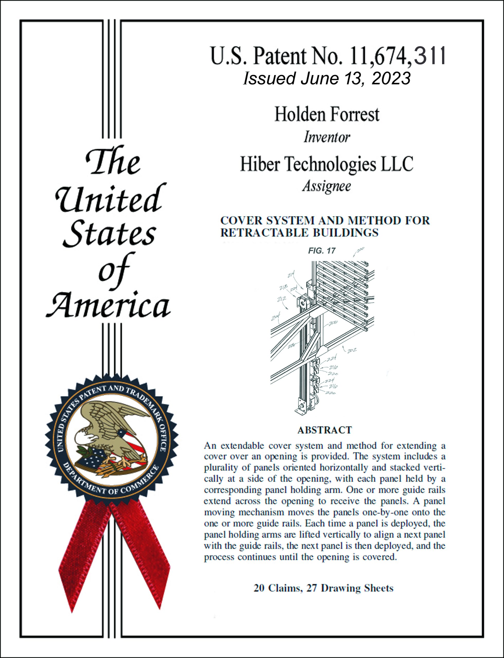 U.S. Patent No. 11,674,311 - Cover System and Method for Retractable Buildings